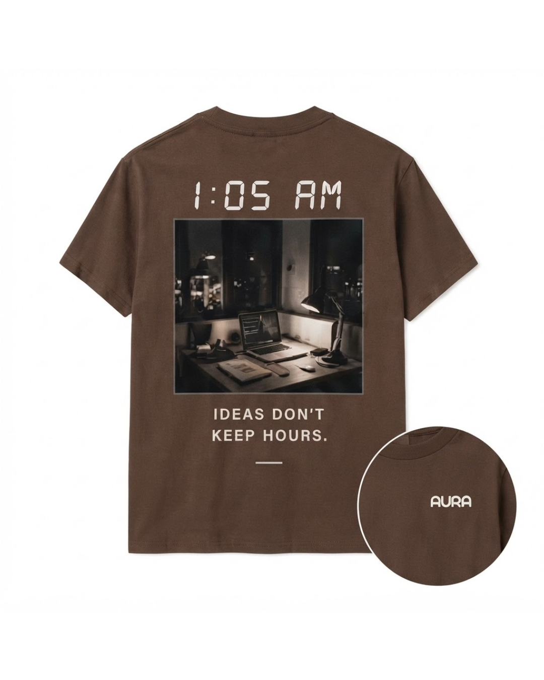 Aura After Hours Tee — 1:05 AM — Ideas Don’t Keep Hours in Ash Mocha