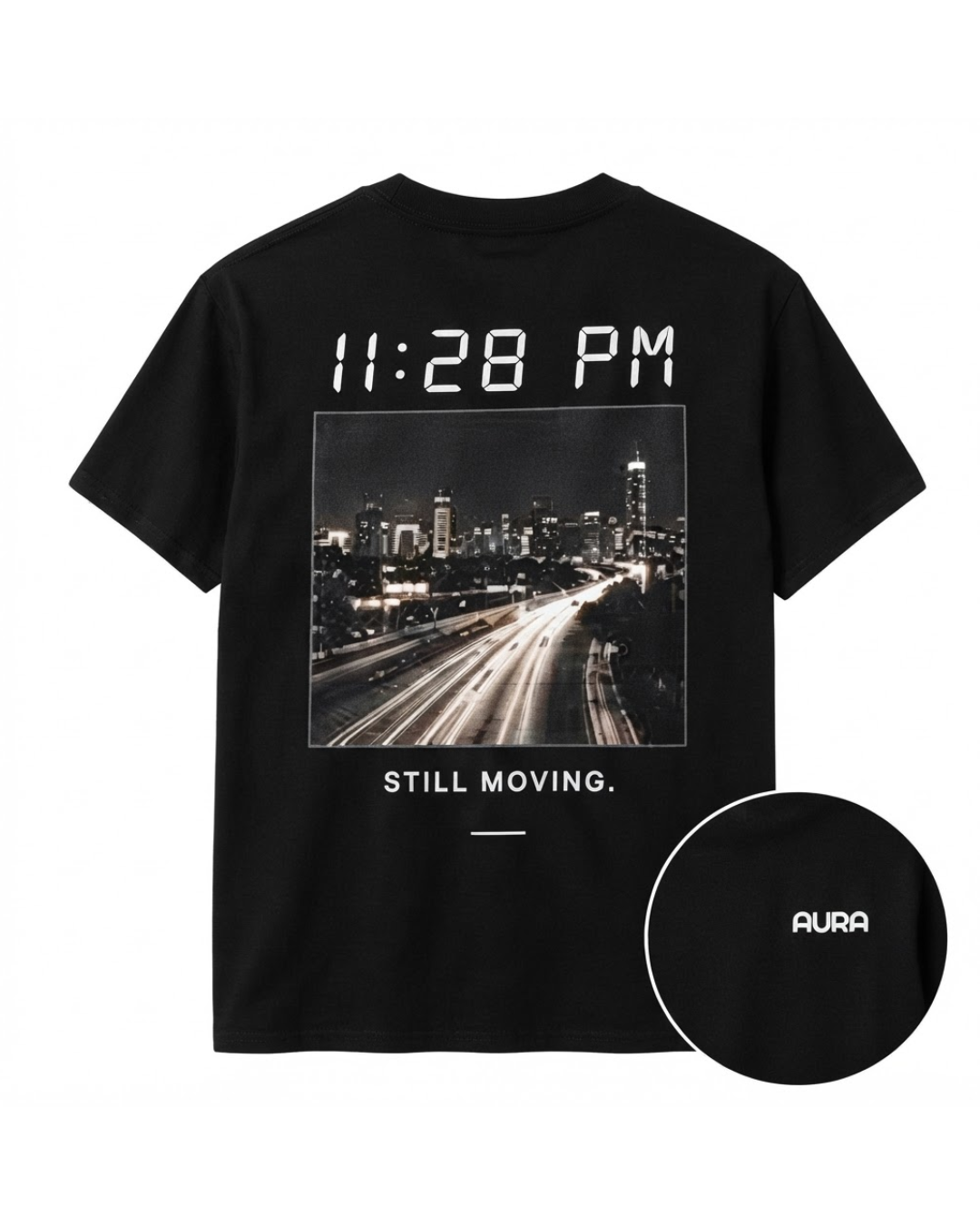 Aura After Hours Tee — 11:28 PM — Still Moving in Shadow Black