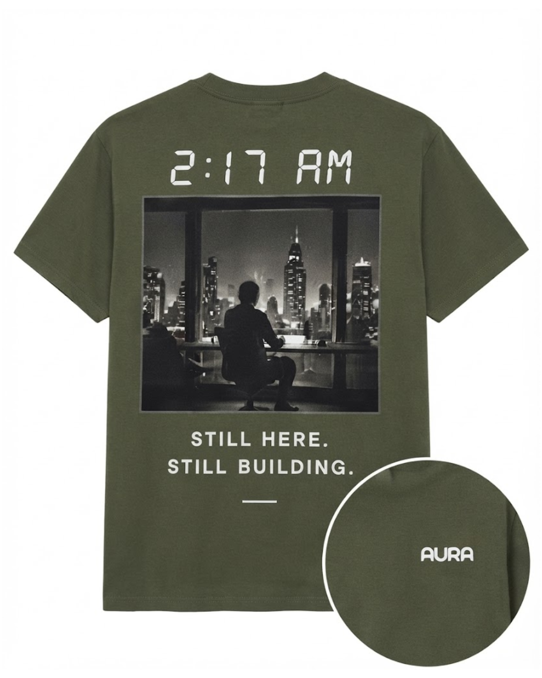 Aura After Hours Tee — 2:17 AM — Still Here Still Building in Matcha Cream
