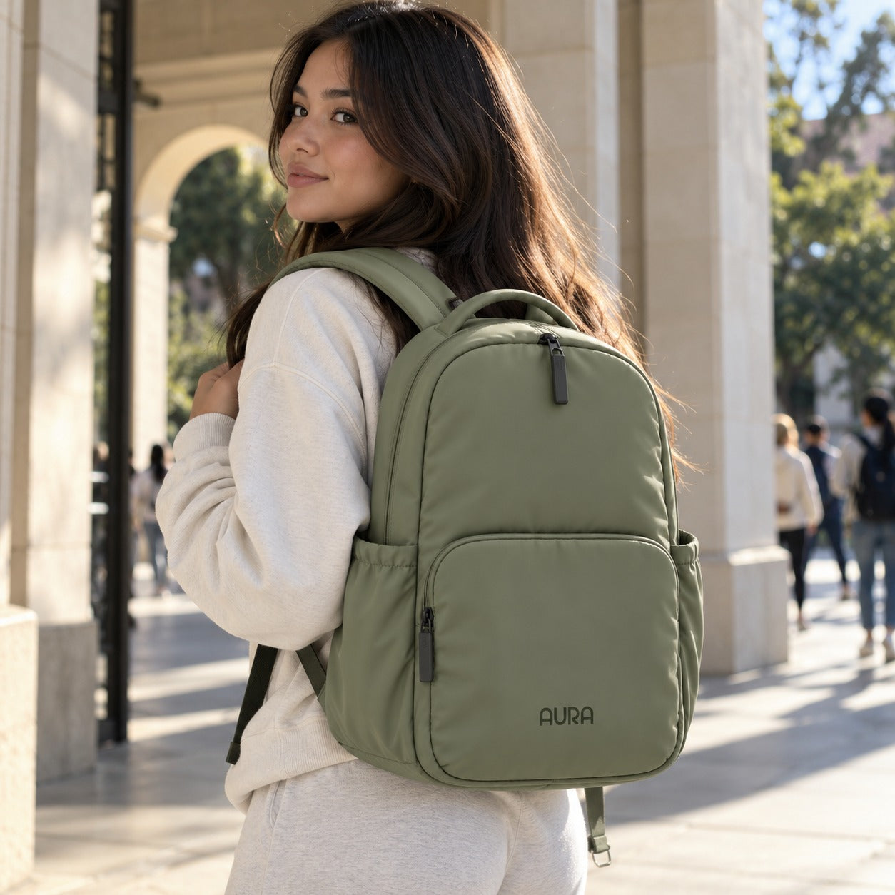 Aura Backpack in Matcha Cream, styled for everyday use