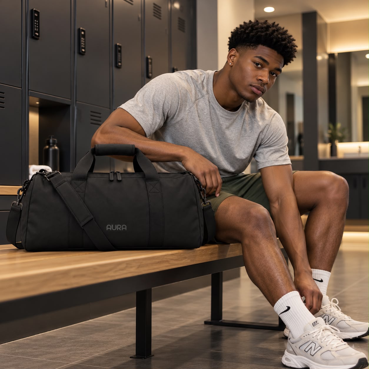 Aura Classic Duffle in Shadow Black, styled for everyday use