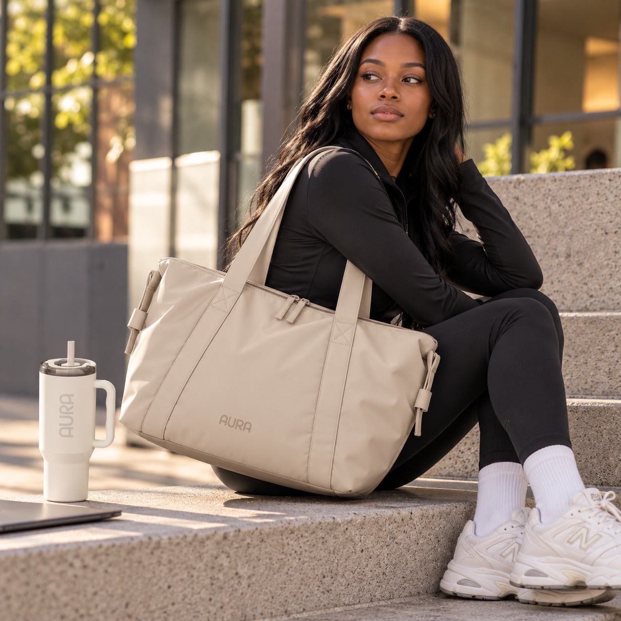 Aura Everyday Carryall in Moon Milk, styled for everyday use