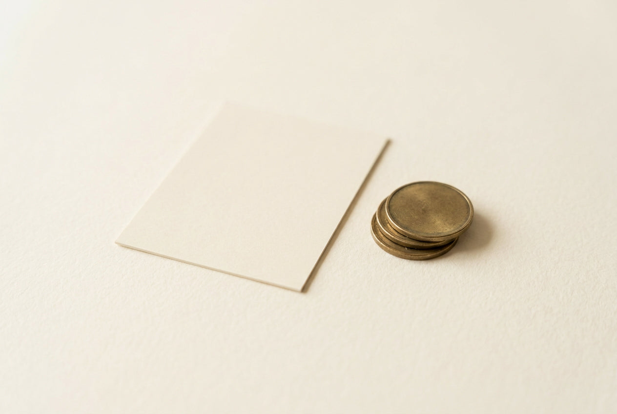 A blank card beside stacked coins