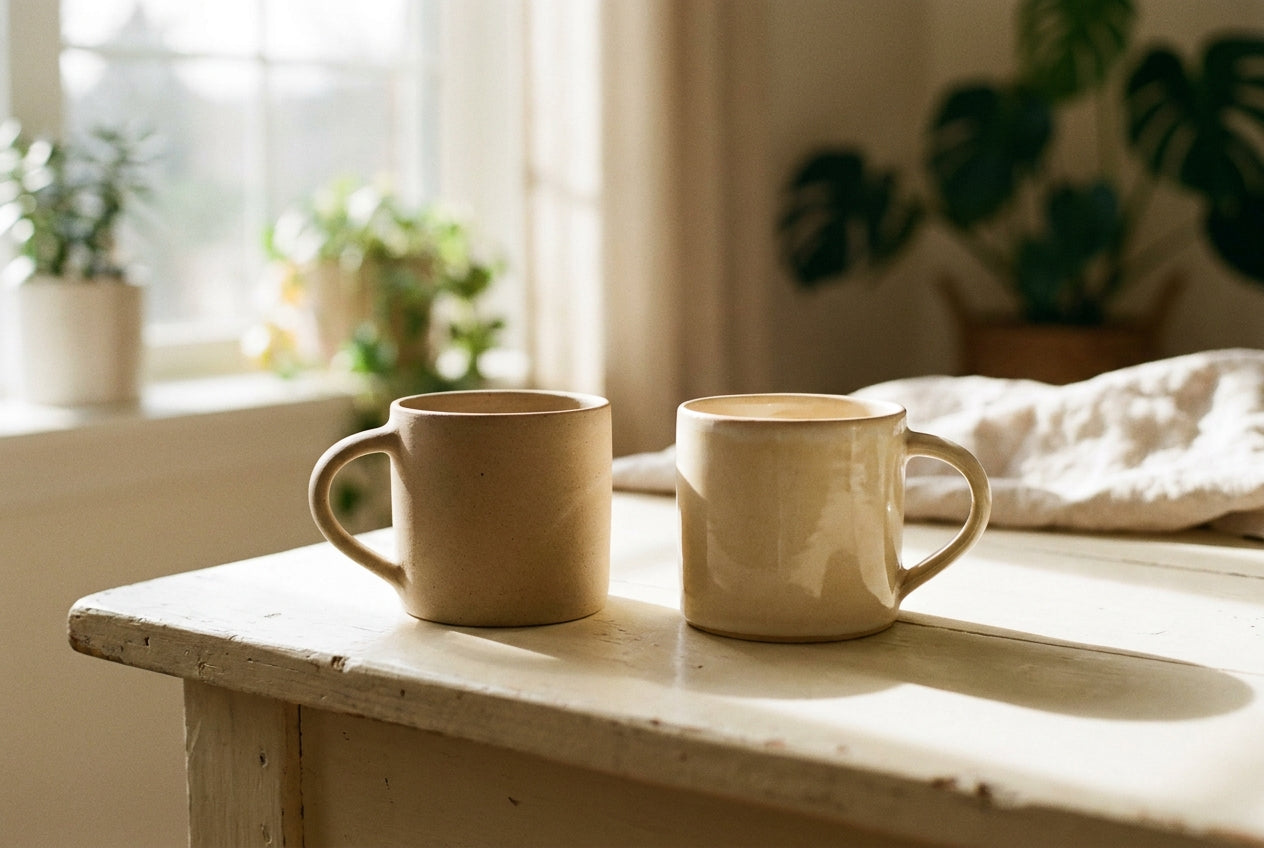 Two mugs on a table in warm light